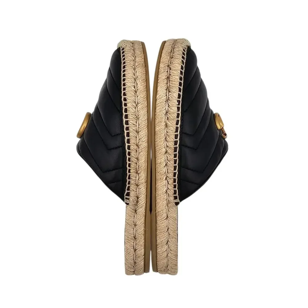 Gucci GG Marmont Black Quilted Leather Espadrille Mule Gold Slide Size 37.5 7.5 - Picture 6 of 10